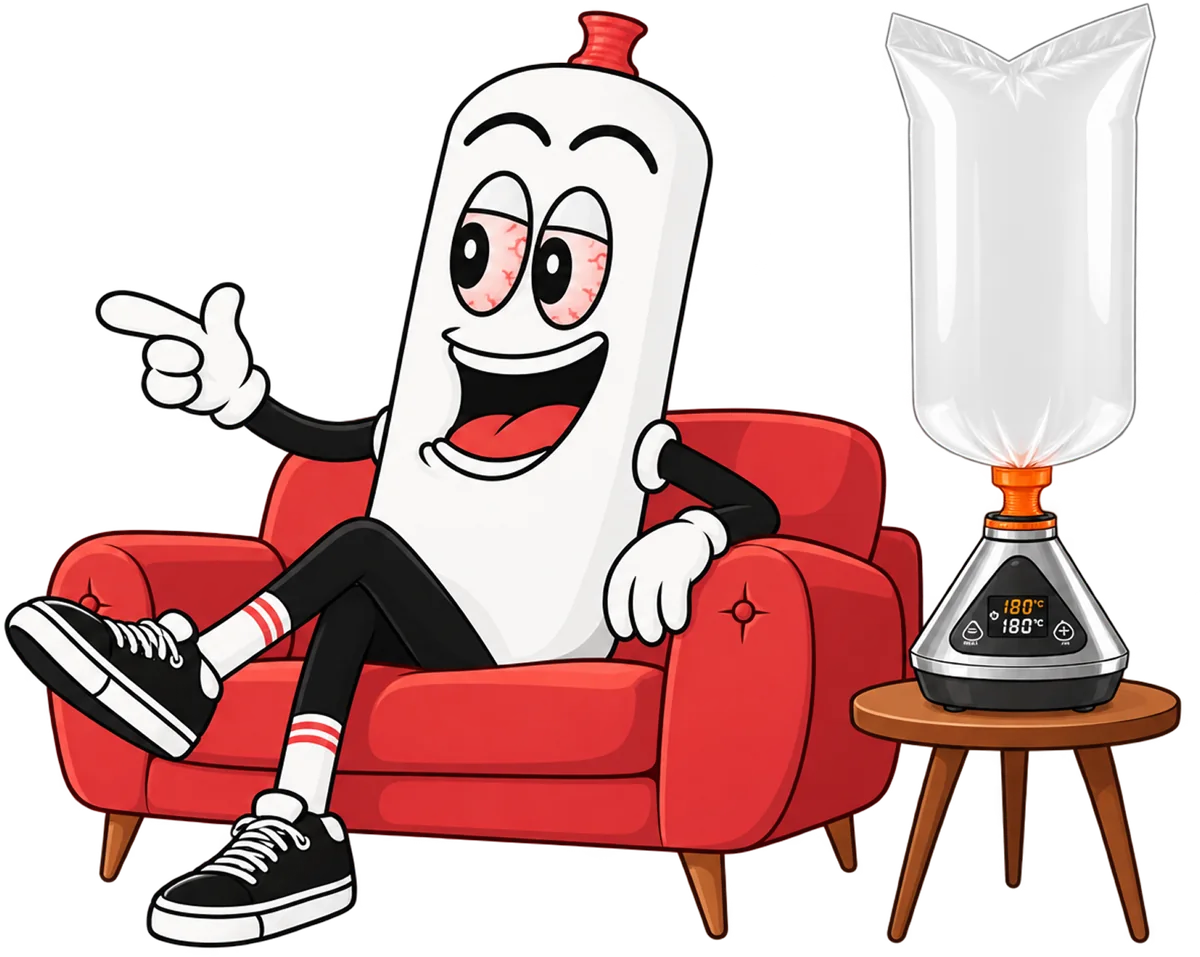 Boony relaxing on a couch, pointing, next to a Volcano vaporizer with a Best Boons bag inflated on it